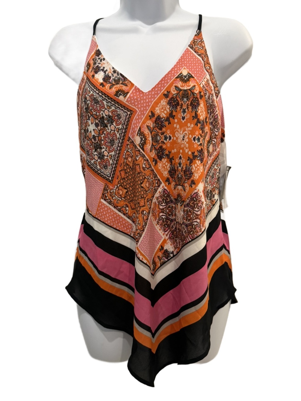 IN San Fransisco V Neck Printed Handkerchief-Hem Scarf Top. NWT. Medium